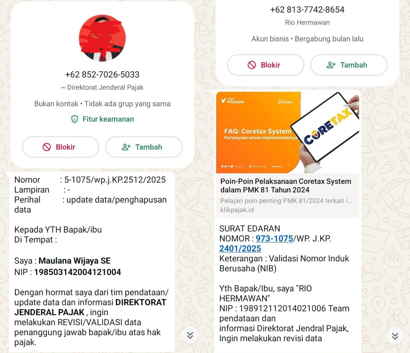 Beberapa pelaku OTK yang mengaku dari Dirjen Pajak Pusat